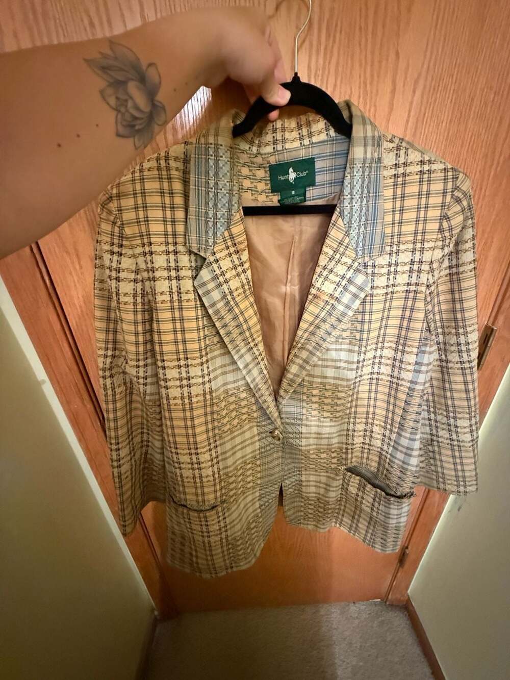 Hunt Club Patchwork Plaid Blazer Size 18 Yellow Blue Vintage Jacket